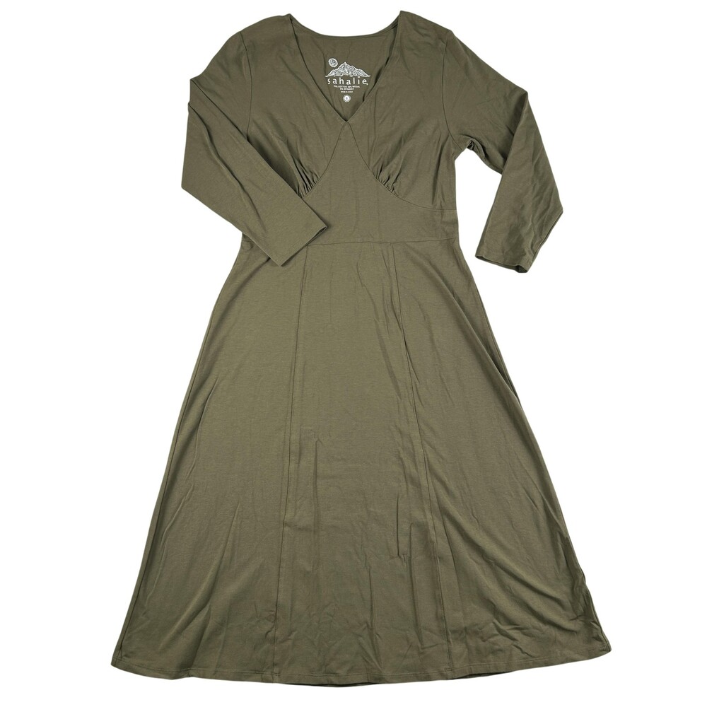 Sahalie Dress Womens Small Green Jersey Knit Fit Flare V Neck Long Sleeve Midi